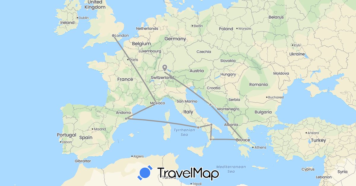 TravelMap itinerary: driving, plane in Switzerland, Spain, France, United Kingdom, Greece, Croatia, Italy (Europe)