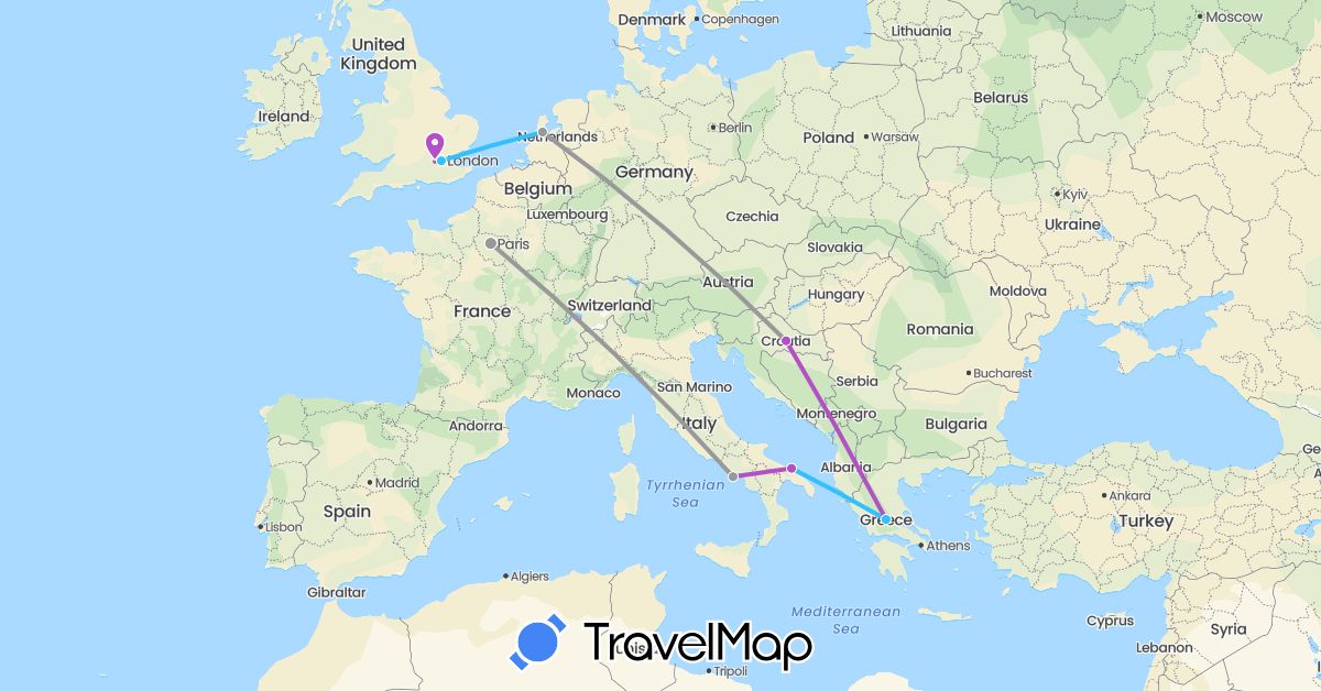 TravelMap itinerary: driving, plane, train, boat in France, United Kingdom, Greece, Croatia, Italy, Netherlands (Europe)